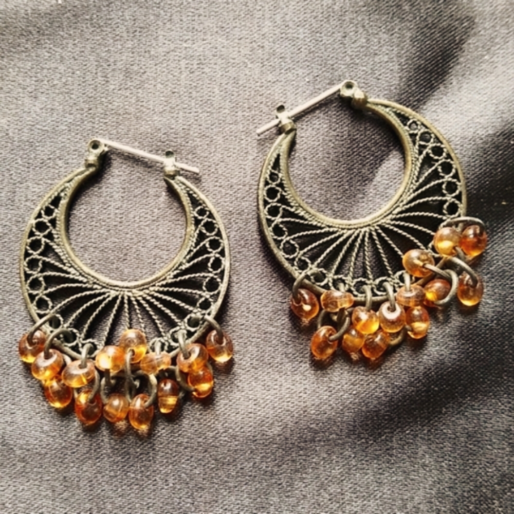 Crescent Moon Hoop Earrings with Beads